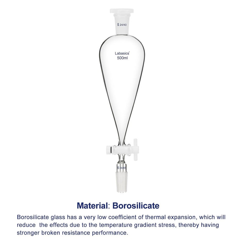Labasics 500 ml Conical Pear-Shaped Separatory Funnel with PTFE Stopcock, Heavy Wall Borosilicate Glass with 24/40 Joints - Image 3